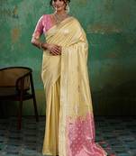 Pastel yellow & pink zari woven linen silk blend saree with floral motifs
