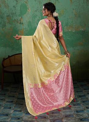 Pastel yellow & pink zari woven linen silk blend saree with floral motifs 2