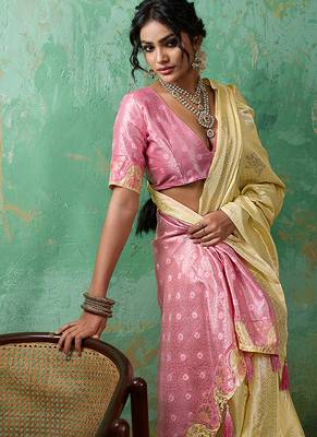 Pastel yellow & pink zari woven linen silk blend saree with floral motifs 4