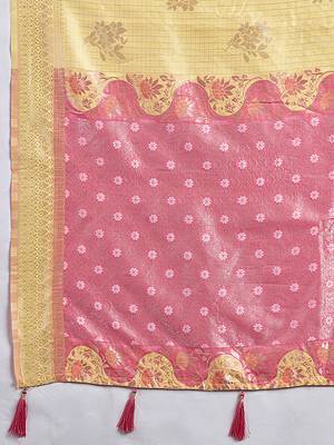 Pastel yellow & pink zari woven linen silk blend saree with floral motifs 5
