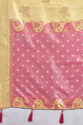 Pastel yellow & pink zari woven linen silk blend saree with floral motifs
