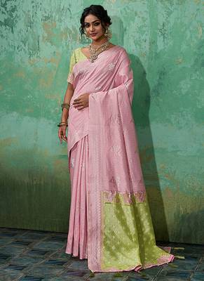 Pink & olive green zari woven linen silk bend saree with floral motifs 1