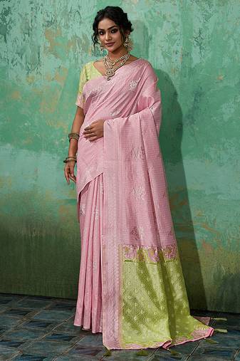 Pink & olive green zari woven linen silk bend saree with floral motifs