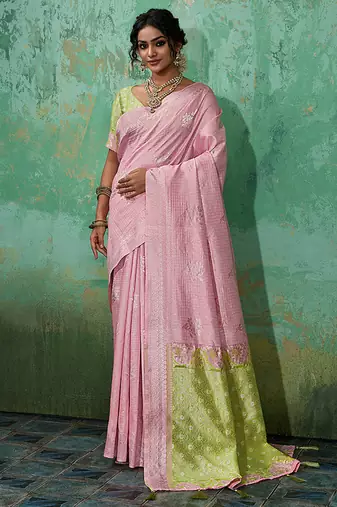 Pink & olive green zari woven linen silk bend saree with floral motifs