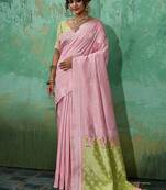 Pink & olive green zari woven linen silk bend saree with floral motifs