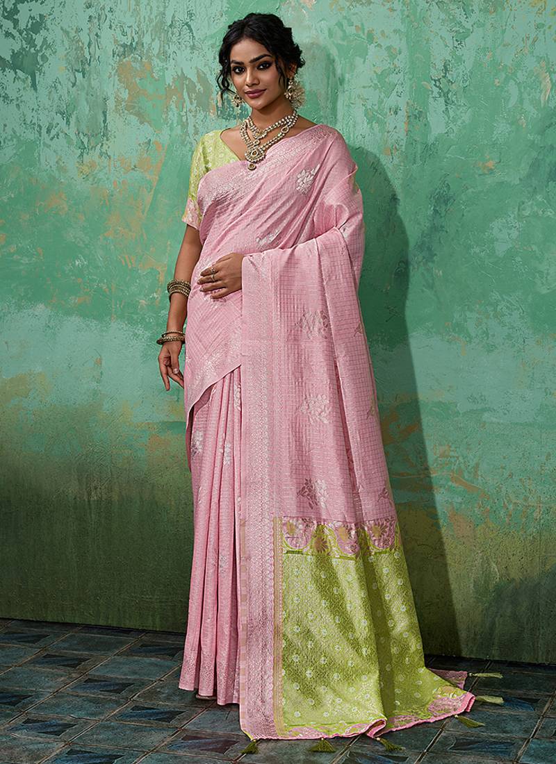 Pink & olive green zari woven linen silk bend saree with floral motifs