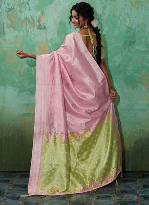 Pink & olive green zari woven linen silk bend saree with floral motifs 2