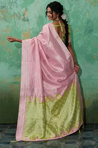 Pink & olive green zari woven linen silk bend saree with floral motifs