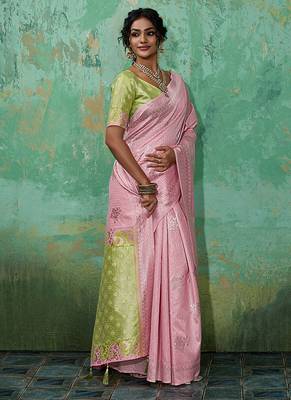 Pink & olive green zari woven linen silk bend saree with floral motifs 3