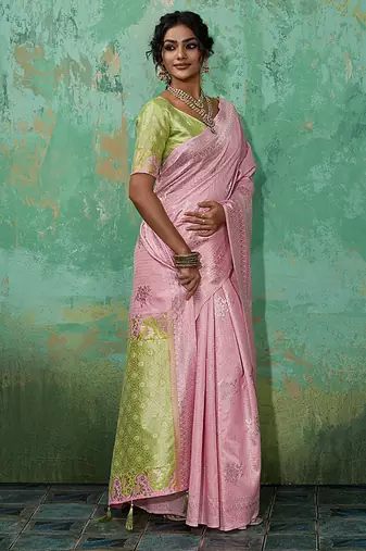 Pink & olive green zari woven linen silk bend saree with floral motifs