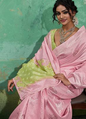 Pink & olive green zari woven linen silk bend saree with floral motifs 4