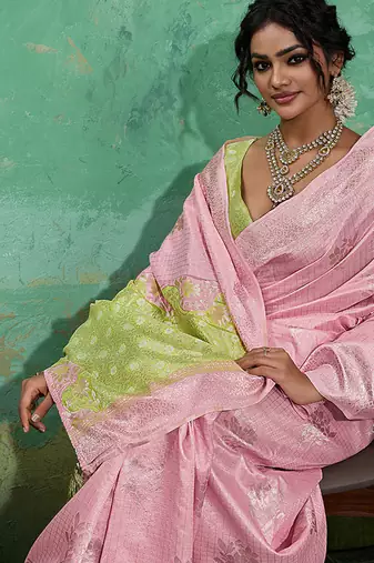 Pink & olive green zari woven linen silk bend saree with floral motifs