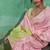 Pink & olive green zari woven linen silk bend saree with floral motifs