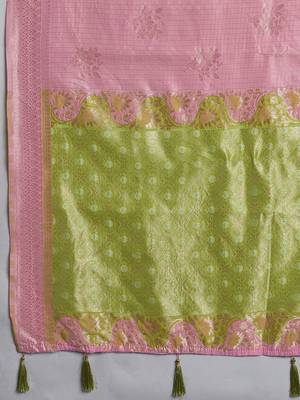 Pink & olive green zari woven linen silk bend saree with floral motifs 5