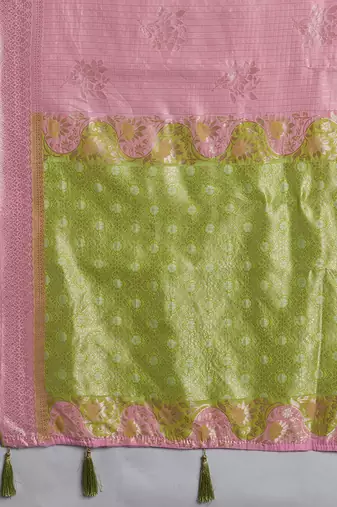 Pink & olive green zari woven linen silk bend saree with floral motifs