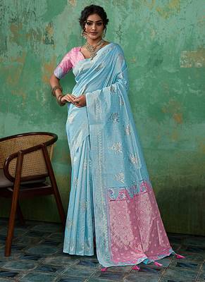 Sky blue & pink zari woven linen silk bend saree with floral motifs 1