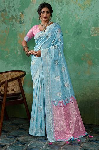 Sky blue & pink zari woven linen silk bend saree with floral motifs