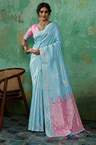 Sky blue & pink zari woven linen silk bend saree with floral motifs