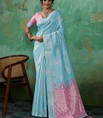 Sky blue & pink zari woven linen silk bend saree with floral motifs