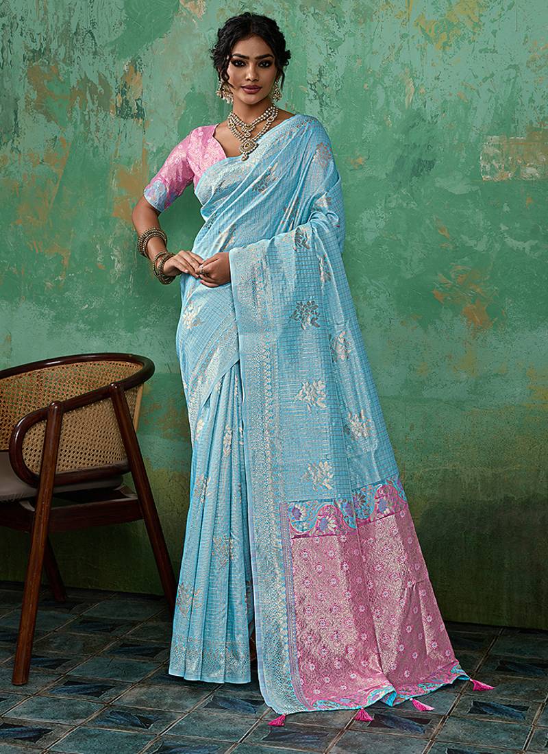 Sky blue & pink zari woven linen silk bend saree with floral motifs
