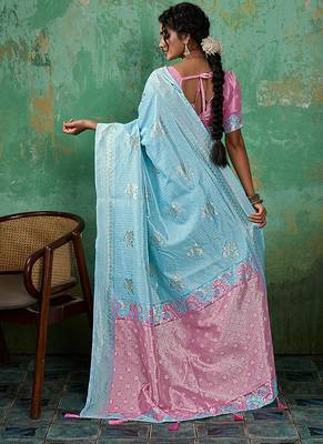 Sky blue & pink zari woven linen silk bend saree with floral motifs 2