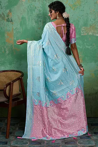 Sky blue & pink zari woven linen silk bend saree with floral motifs
