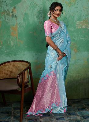 Sky blue & pink zari woven linen silk bend saree with floral motifs 3