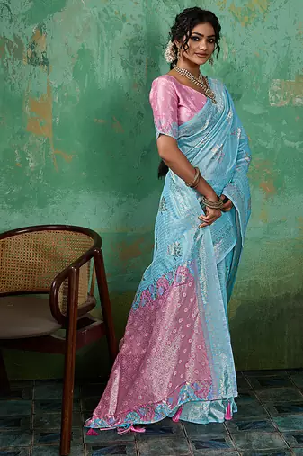 Sky blue & pink zari woven linen silk bend saree with floral motifs