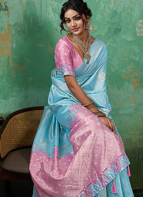 Sky blue & pink zari woven linen silk bend saree with floral motifs 4