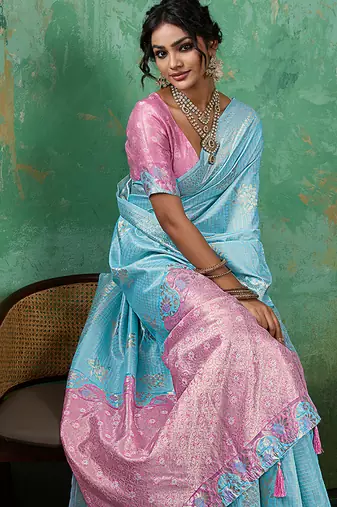 Sky blue & pink zari woven linen silk bend saree with floral motifs