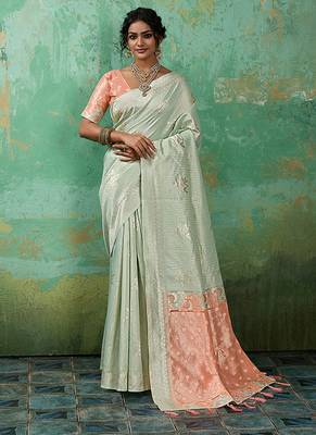 Mint green & peach zari woven linen silk bend saree with floral motifs 1