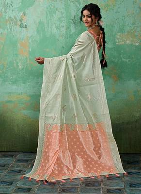 Mint green & peach zari woven linen silk bend saree with floral motifs 2