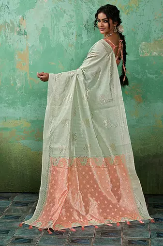 Mint green & peach zari woven linen silk bend saree with floral motifs