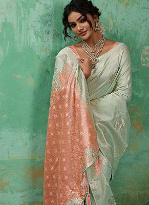 Mint green & peach zari woven linen silk bend saree with floral motifs 3