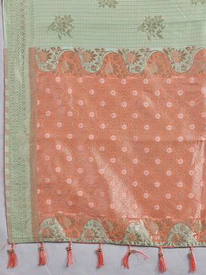 Mint green & peach zari woven linen silk bend saree with floral motifs 4