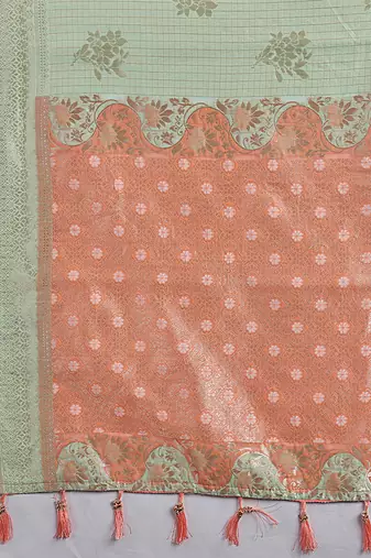 Mint green & peach zari woven linen silk bend saree with floral motifs