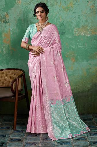 Pink & mint green zari woven linen silk bend saree with floral motifs