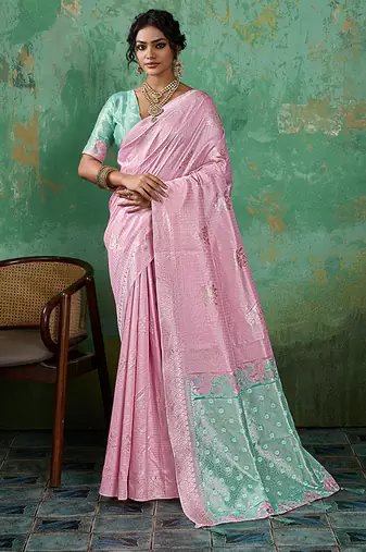 Pink & mint green zari woven linen silk bend saree with floral motifs