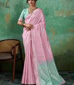 Pink & mint green zari woven linen silk bend saree with floral motifs