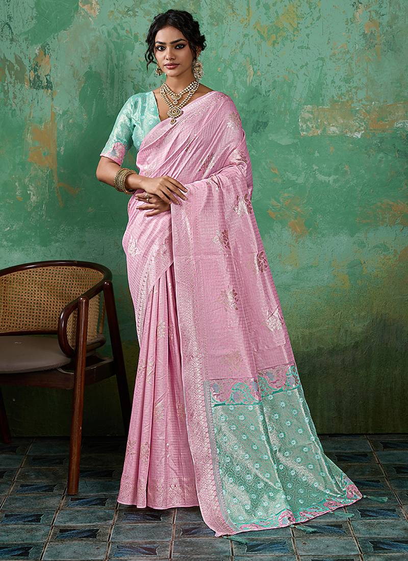 Pink & mint green zari woven linen silk bend saree with floral motifs