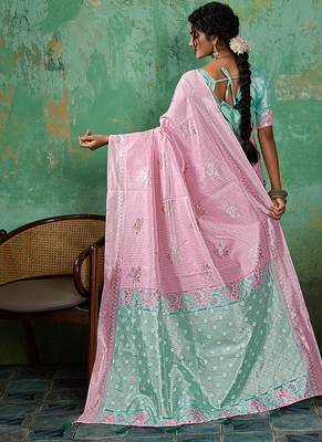 Pink & mint green zari woven linen silk bend saree with floral motifs 2