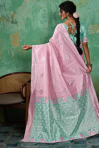 Pink & mint green zari woven linen silk bend saree with floral motifs