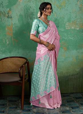 Pink & mint green zari woven linen silk bend saree with floral motifs 3
