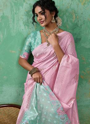 Pink & mint green zari woven linen silk bend saree with floral motifs 4