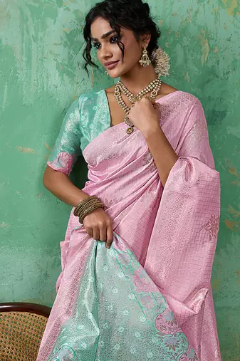 Pink & mint green zari woven linen silk bend saree with floral motifs