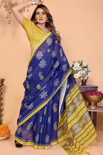 Soft linen cotton printed saree
with cotton tassles on pallu 
matching blouse