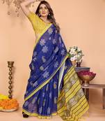 Soft linen cotton printed saree
with cotton tassles on pallu 
matching blouse