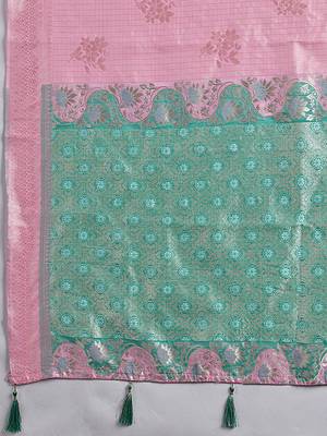 Pink & mint green zari woven linen silk bend saree with floral motifs 5