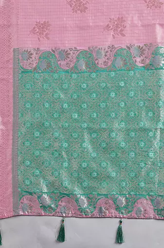 Pink & mint green zari woven linen silk bend saree with floral motifs
