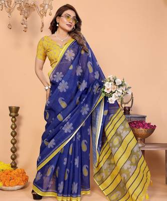 Soft linen cotton printed saree
with cotton tassles on pallu 
matching blouse 2